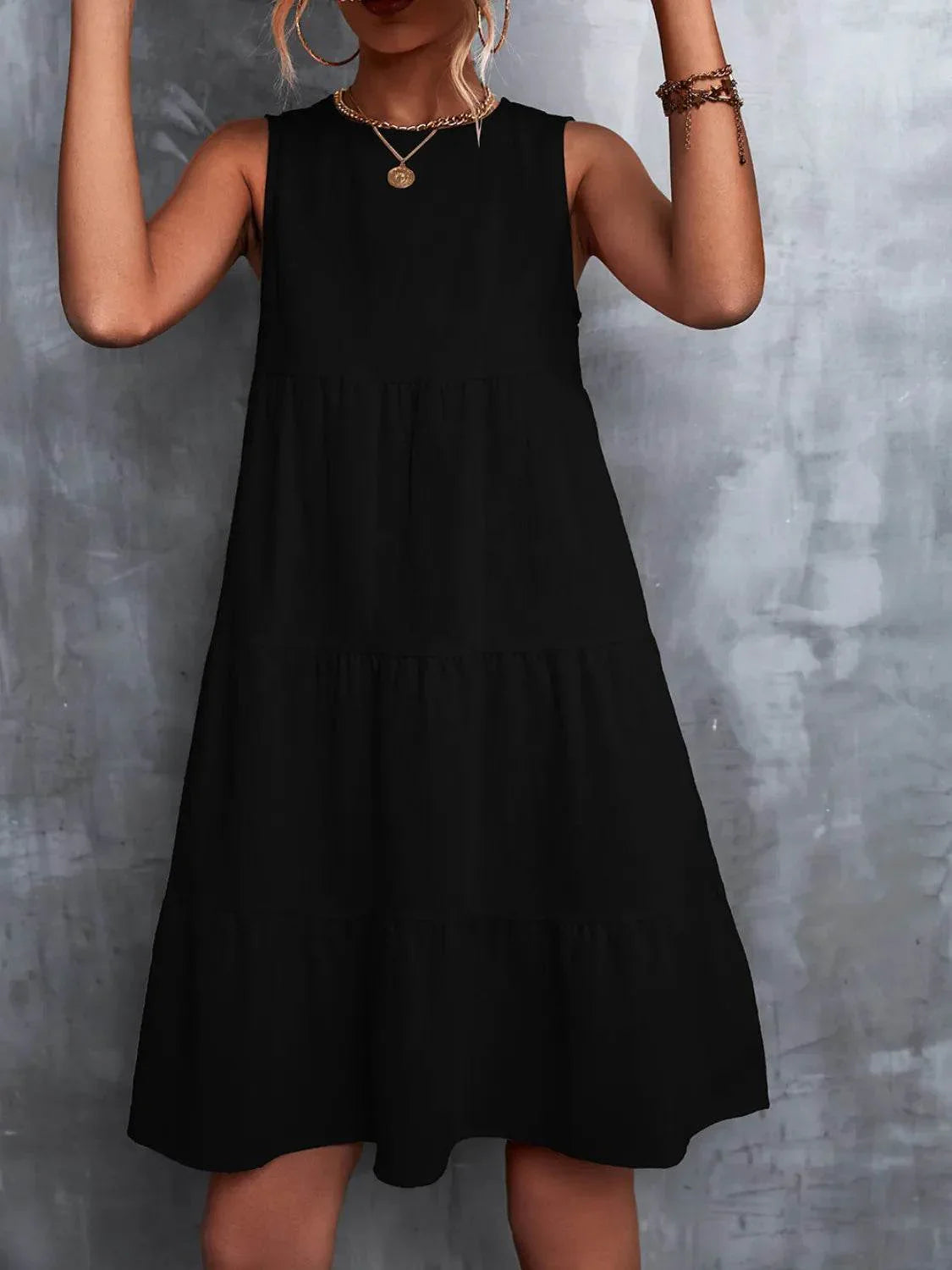 Tiered Round Neck Sleeveless Mini Tank Dress - Bona Fide Fashion