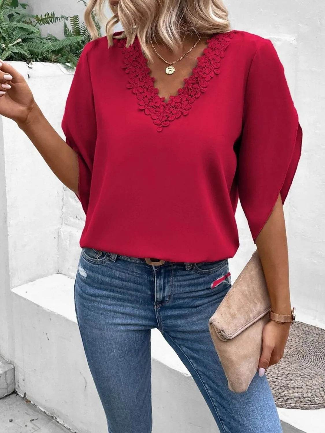 Lace Detail V-Neck Half Sleeve Blouse - Bona Fide Fashion