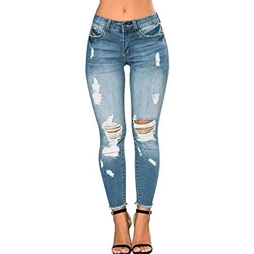 CME SHOWU Women Skinny Ripped Jeans Stretch Distressed Destroyed Denim Pants(Light Blue,L) - Bona Fide Fashion