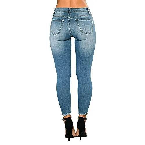 CME SHOWU Women Skinny Ripped Jeans Stretch Distressed Destroyed Denim Pants(Light Blue,L) - Bona Fide Fashion