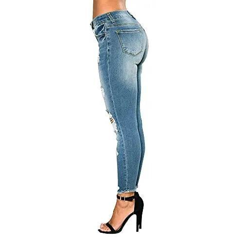 CME SHOWU Women Skinny Ripped Jeans Stretch Distressed Destroyed Denim Pants(Light Blue,L) - Bona Fide Fashion