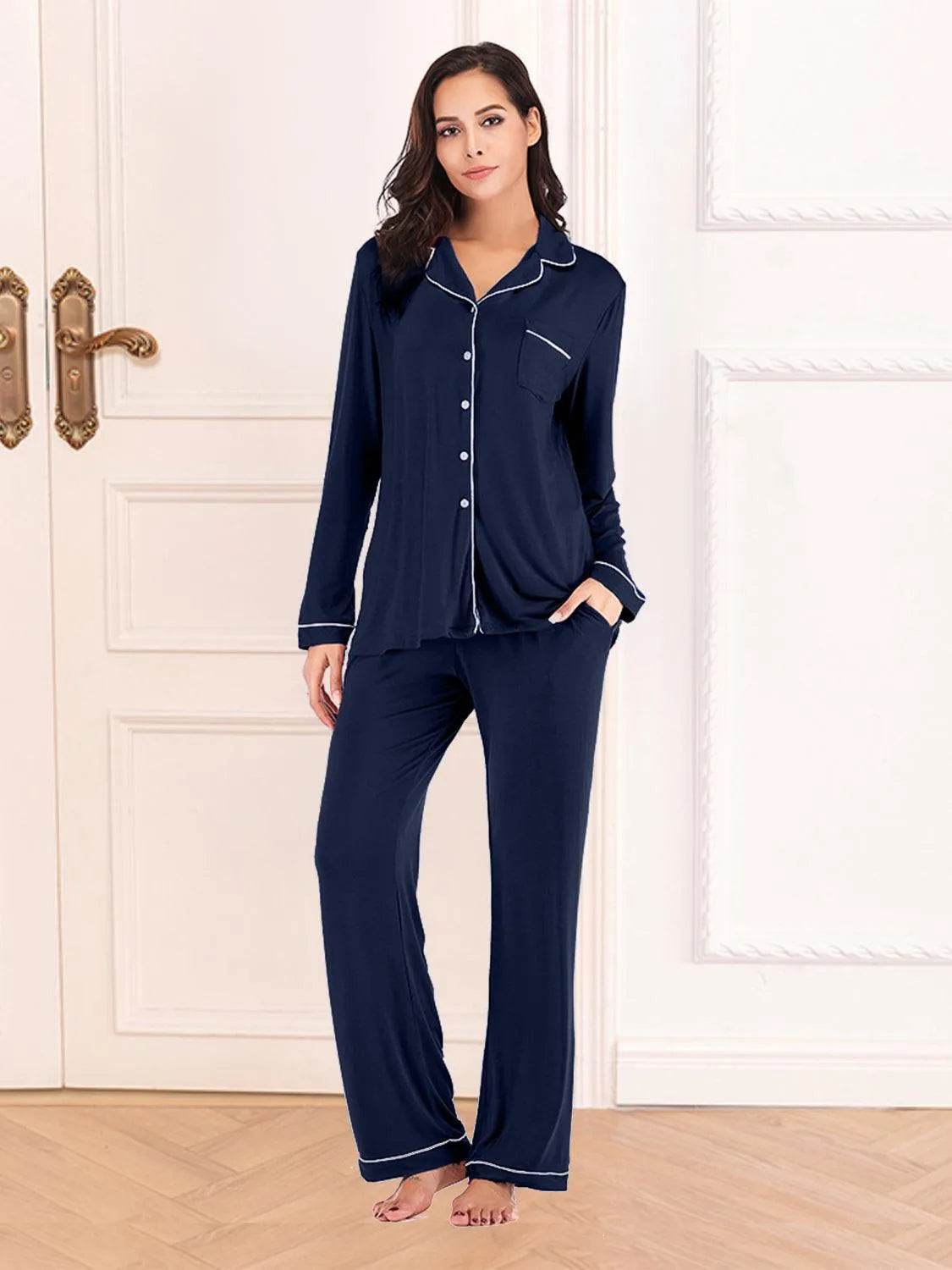 Collared Neck Long Sleeve Loungewear Set with Pockets - Bona Fide Fashion