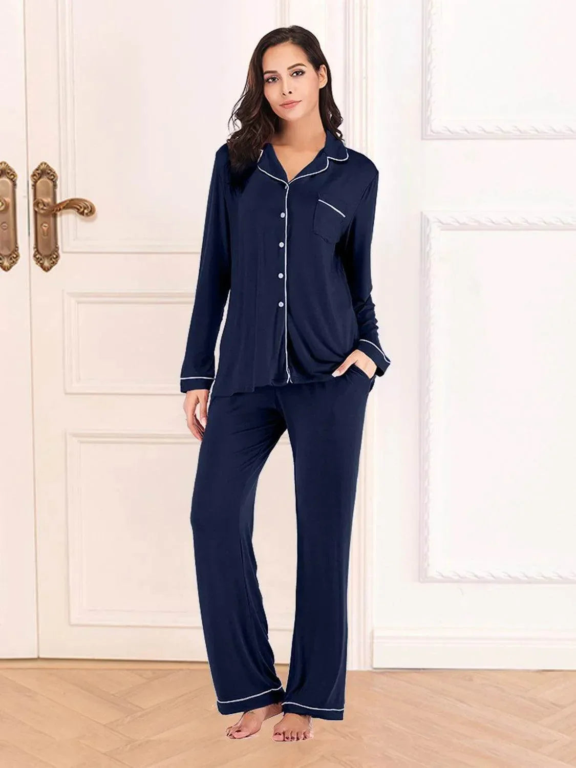 Collared Neck Long Sleeve Loungewear Set with Pockets - Bona Fide Fashion