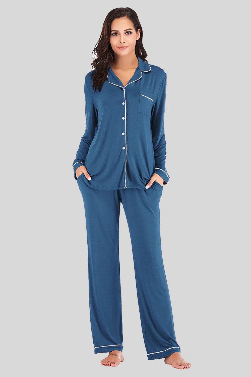 Collared Neck Long Sleeve Loungewear Set with Pockets - Bona Fide Fashion