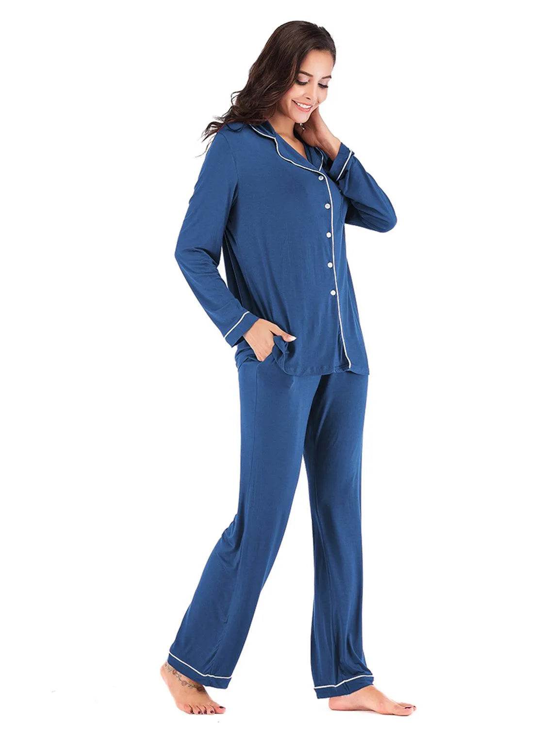 Collared Neck Long Sleeve Loungewear Set with Pockets - Bona Fide Fashion