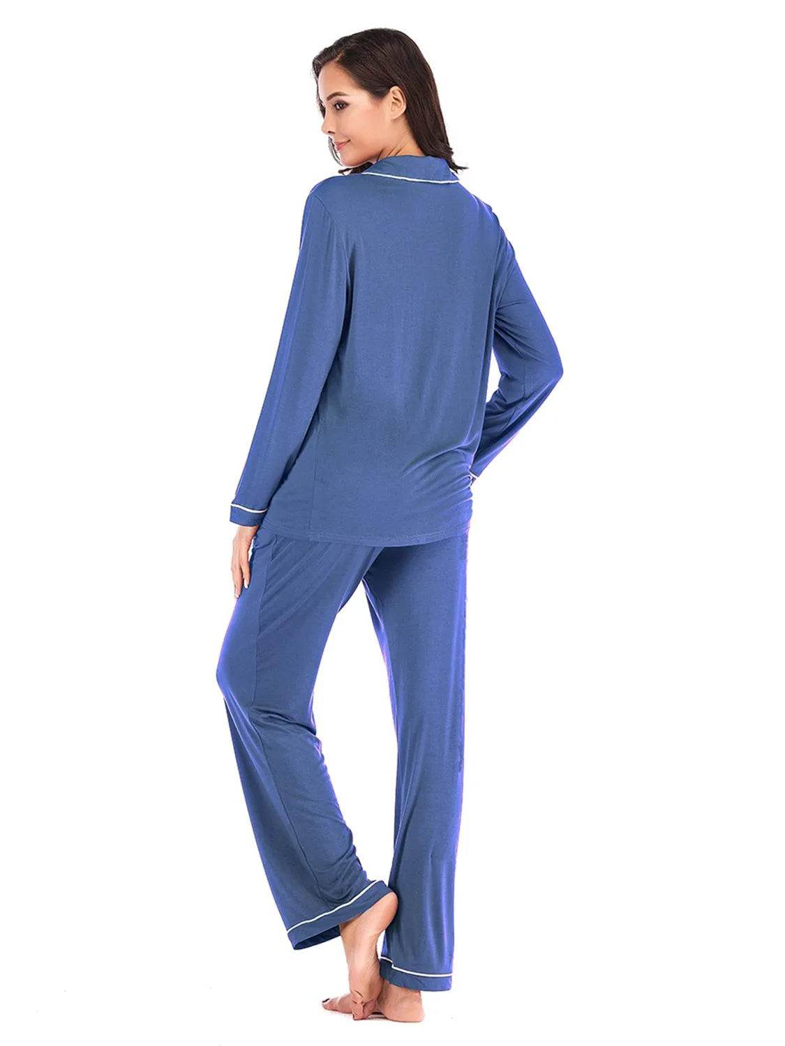 Collared Neck Long Sleeve Loungewear Set with Pockets - Bona Fide Fashion