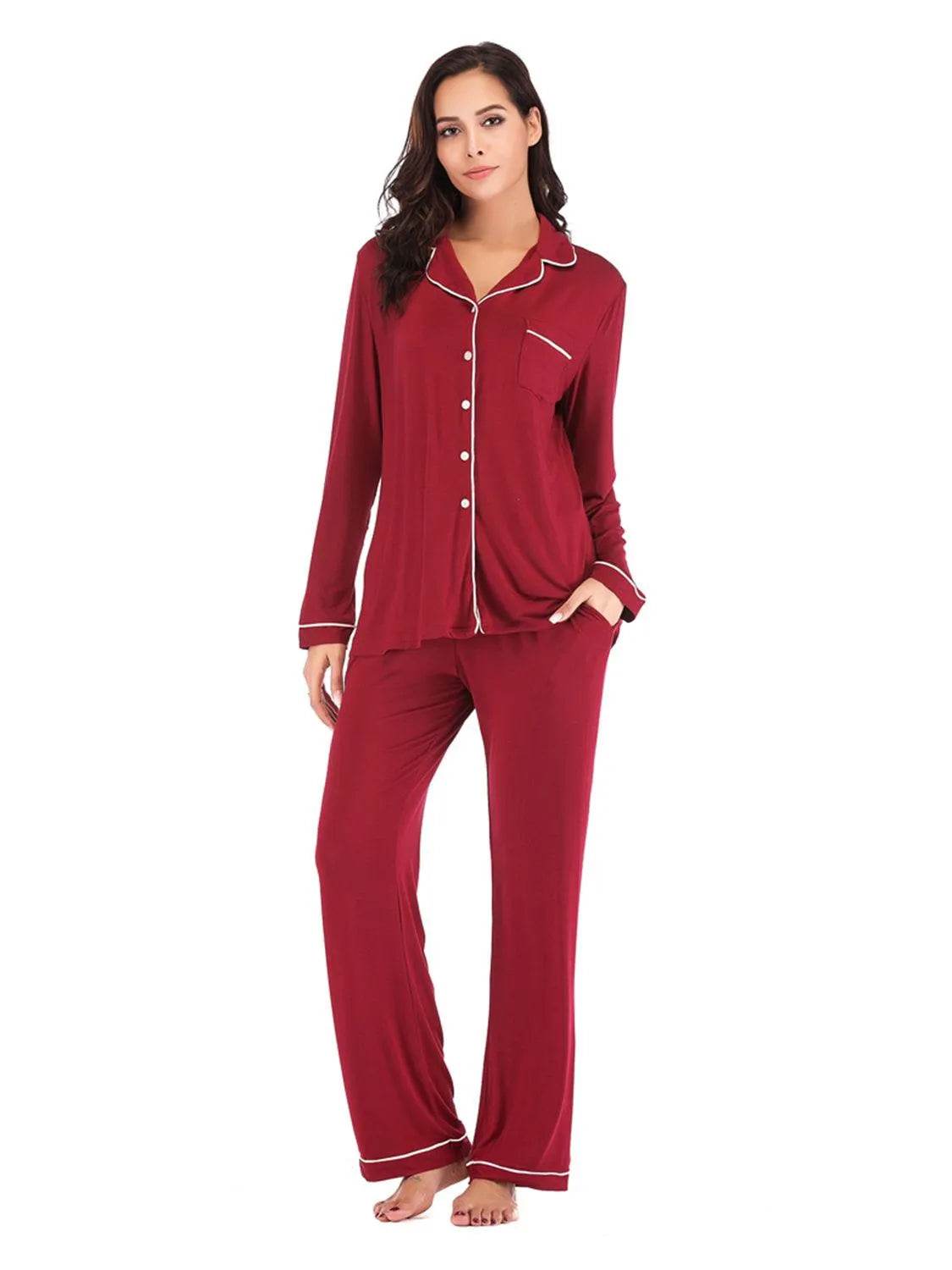 Collared Neck Long Sleeve Loungewear Set with Pockets - Bona Fide Fashion
