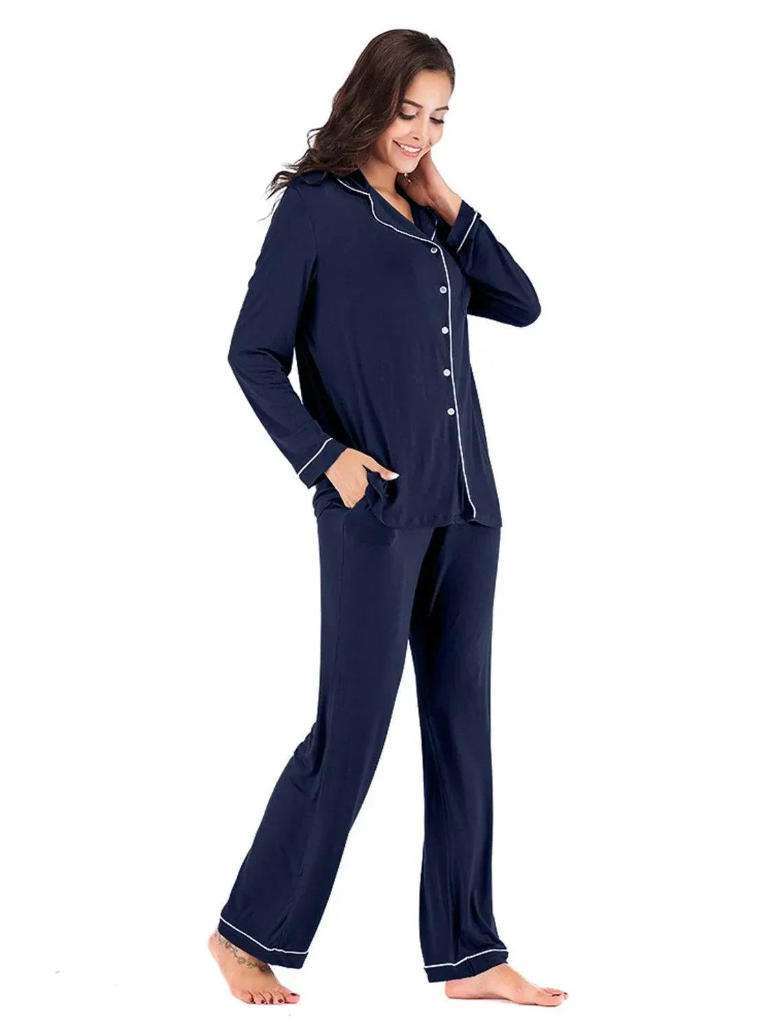 Collared Neck Long Sleeve Loungewear Set with Pockets - Bona Fide Fashion