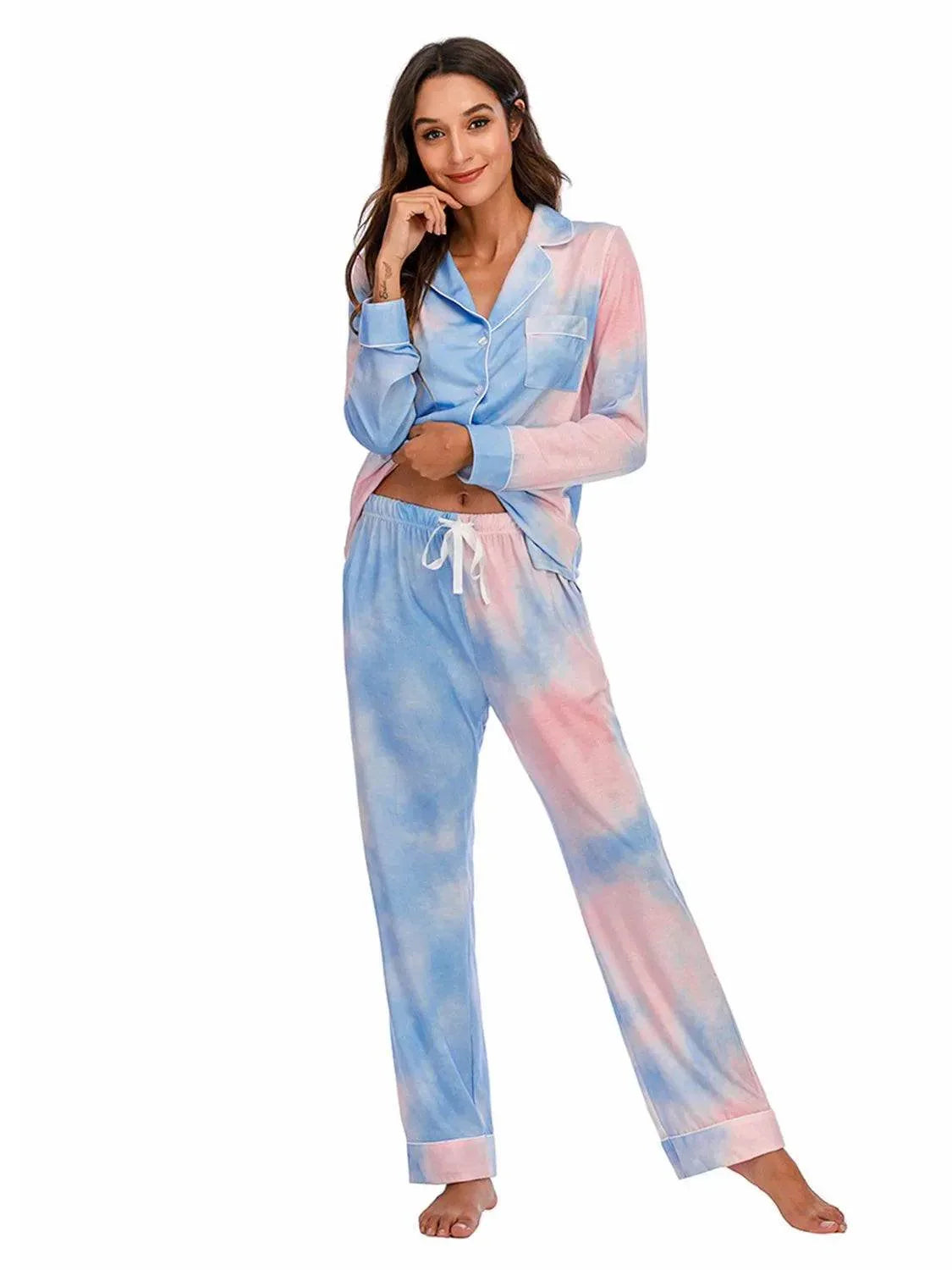 Collared Neck Long Sleeve Loungewear Set with Pockets - Bona Fide Fashion