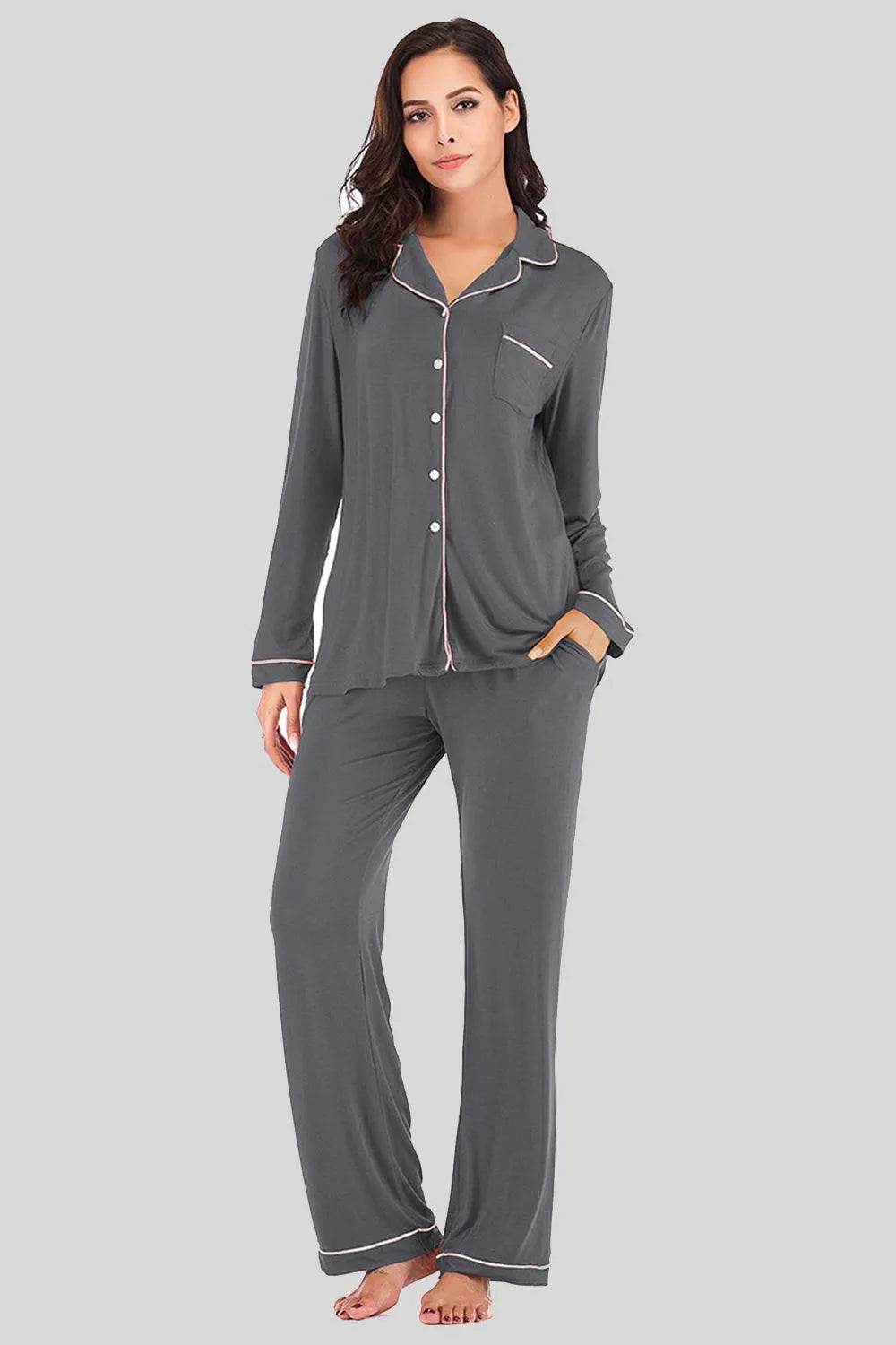 Collared Neck Long Sleeve Loungewear Set with Pockets - Bona Fide Fashion