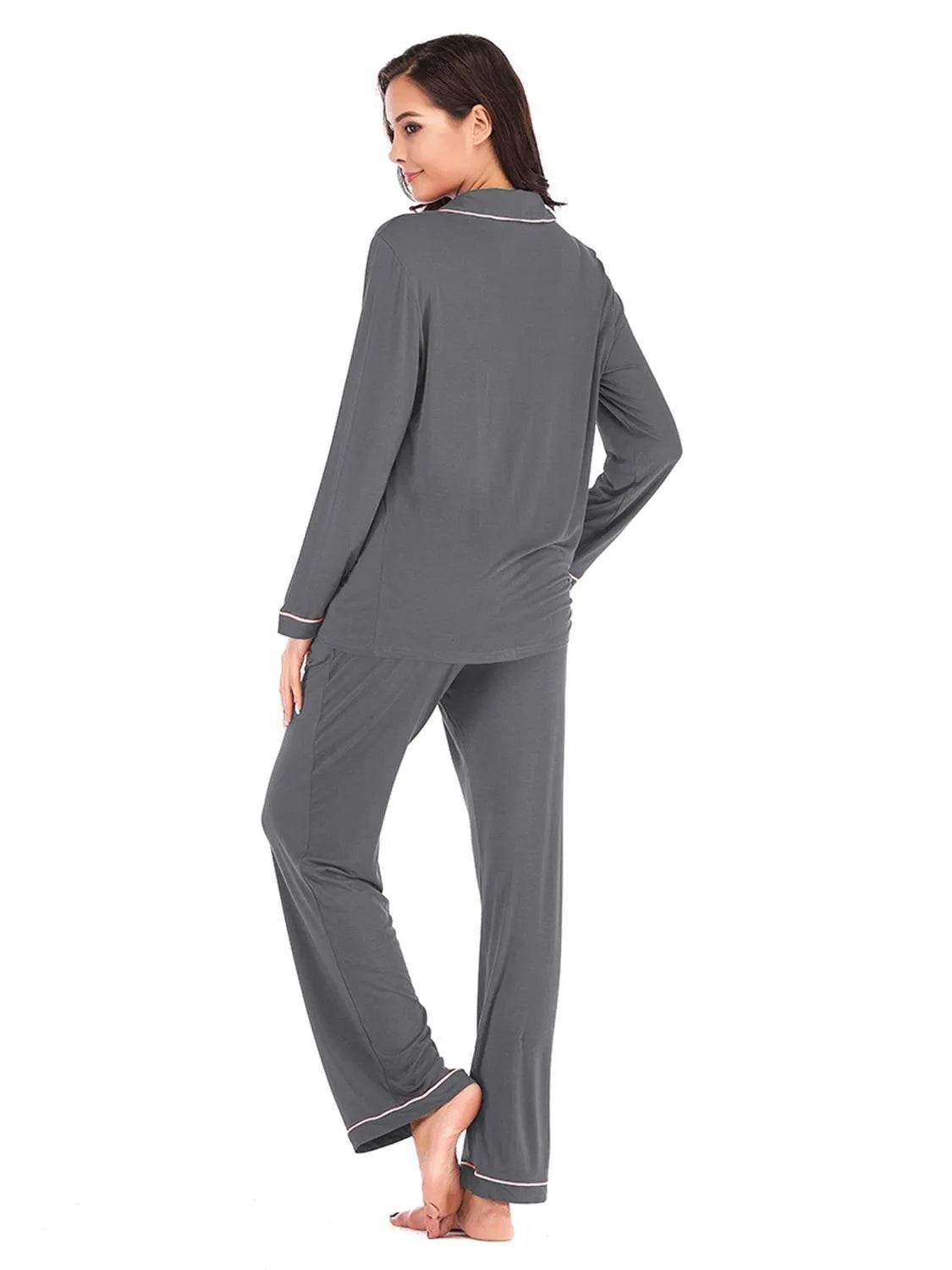 Collared Neck Long Sleeve Loungewear Set with Pockets - Bona Fide Fashion