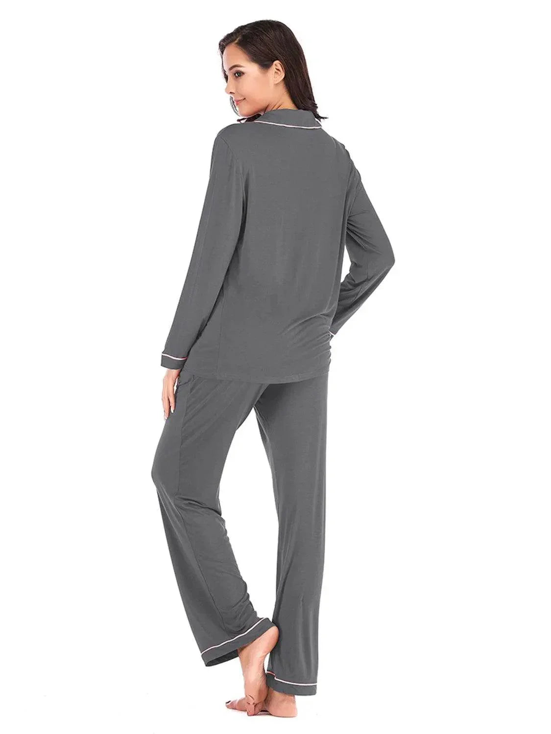 Collared Neck Long Sleeve Loungewear Set with Pockets - Bona Fide Fashion