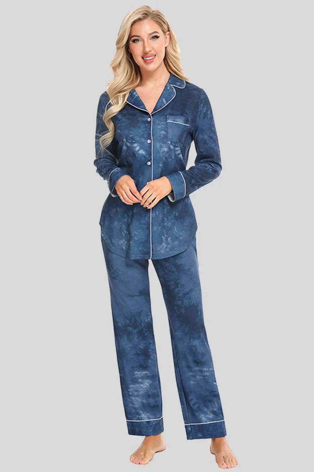 Collared Neck Long Sleeve Loungewear Set with Pockets - Bona Fide Fashion