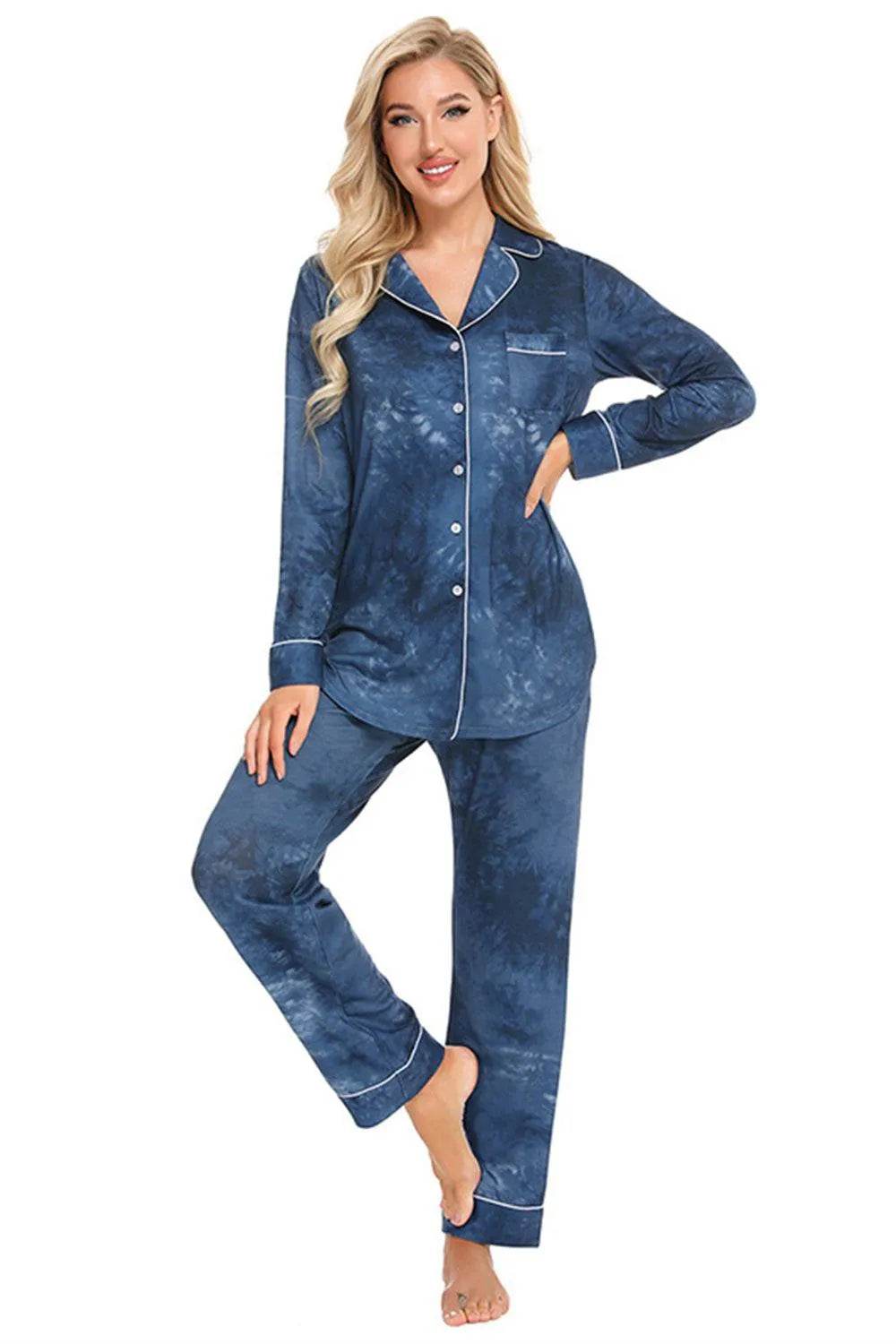 Collared Neck Long Sleeve Loungewear Set with Pockets - Bona Fide Fashion
