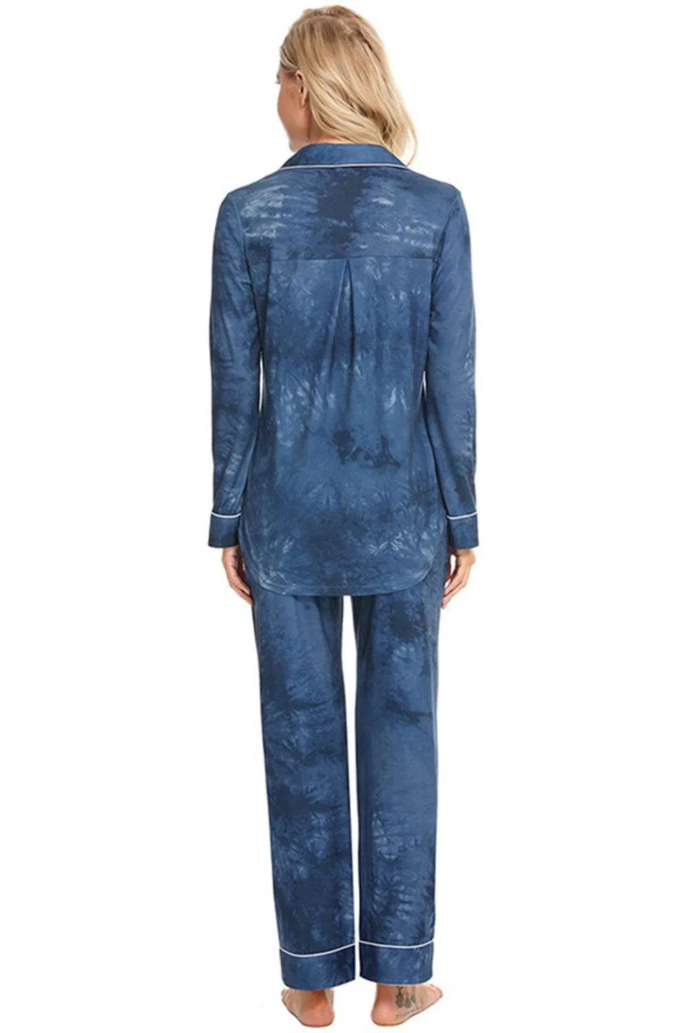 Collared Neck Long Sleeve Loungewear Set with Pockets - Bona Fide Fashion