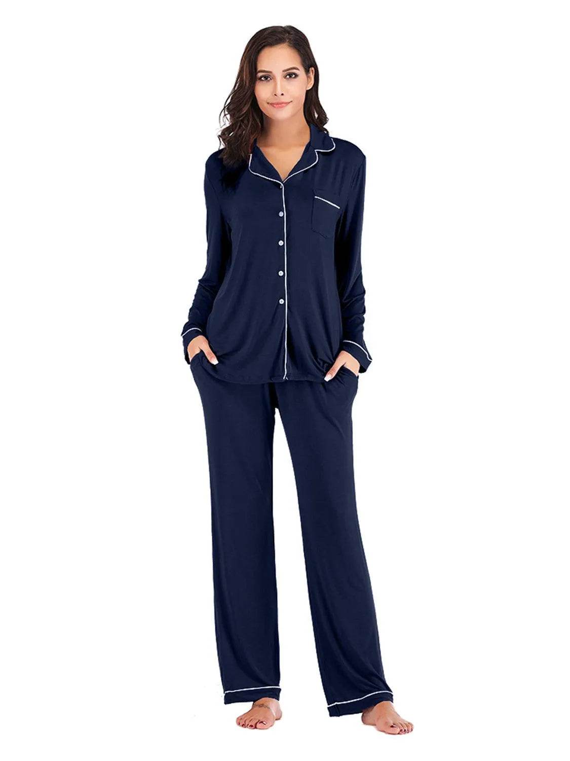 Collared Neck Long Sleeve Loungewear Set with Pockets - Bona Fide Fashion