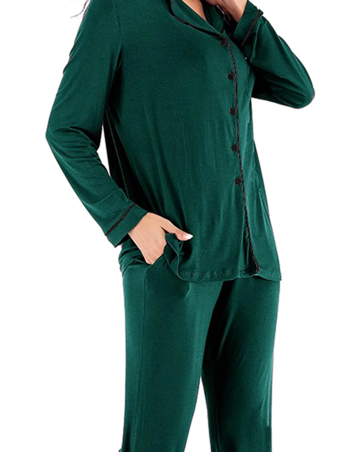 Collared Neck Long Sleeve Loungewear Set with Pockets - Bona Fide Fashion