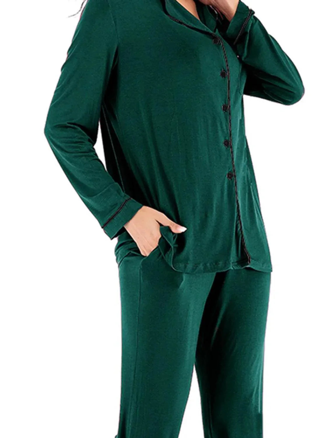 Collared Neck Long Sleeve Loungewear Set with Pockets - Bona Fide Fashion