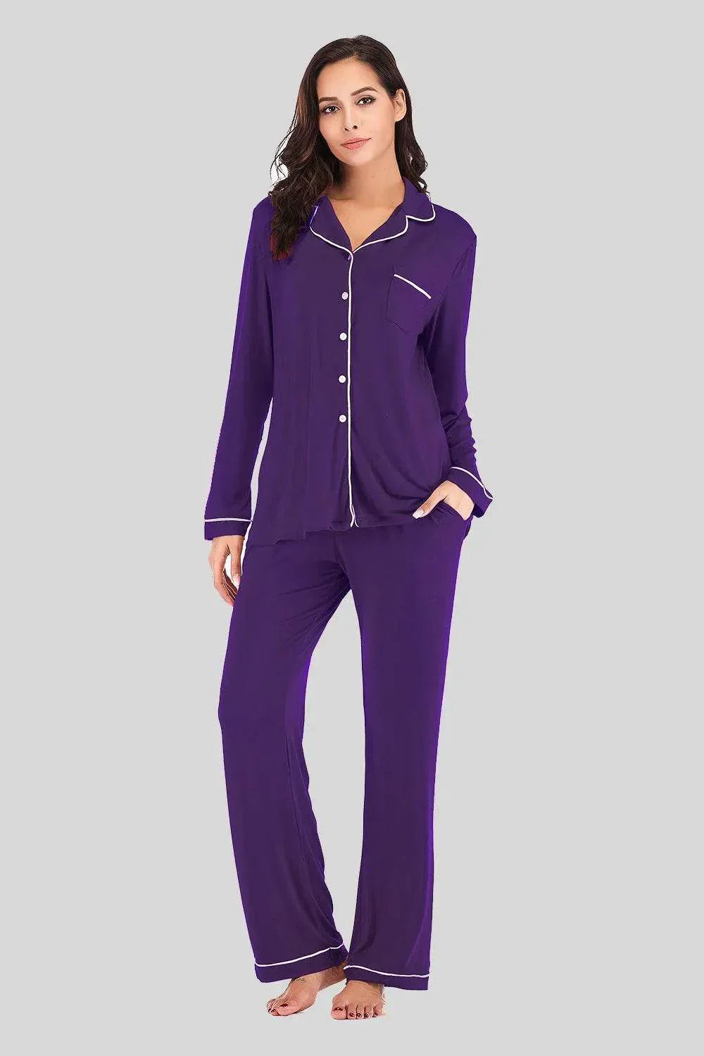 Collared Neck Long Sleeve Loungewear Set with Pockets - Bona Fide Fashion