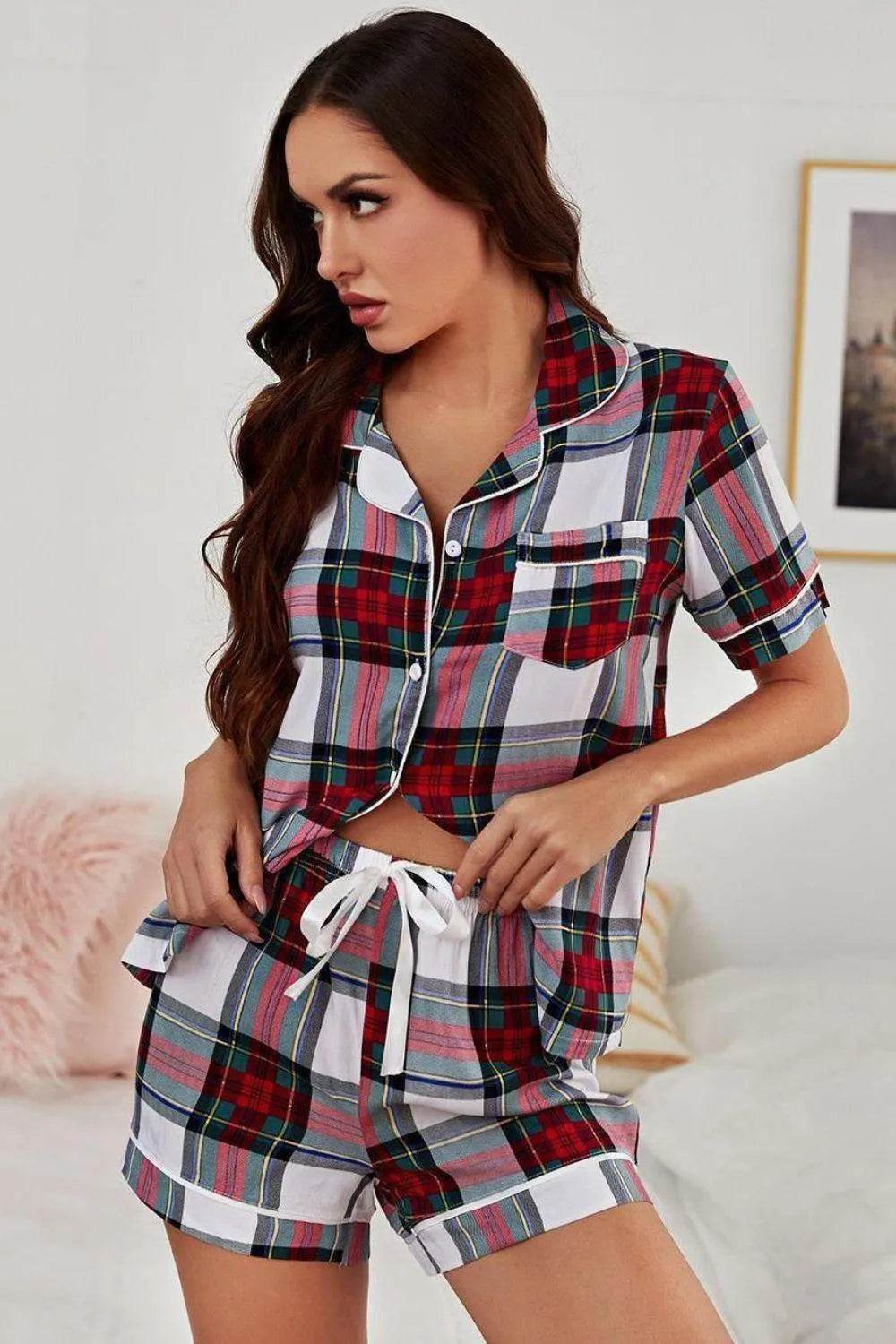 Collared Neck Short Sleeve Tied Two-Piece Lounge Set - Bona Fide Fashion