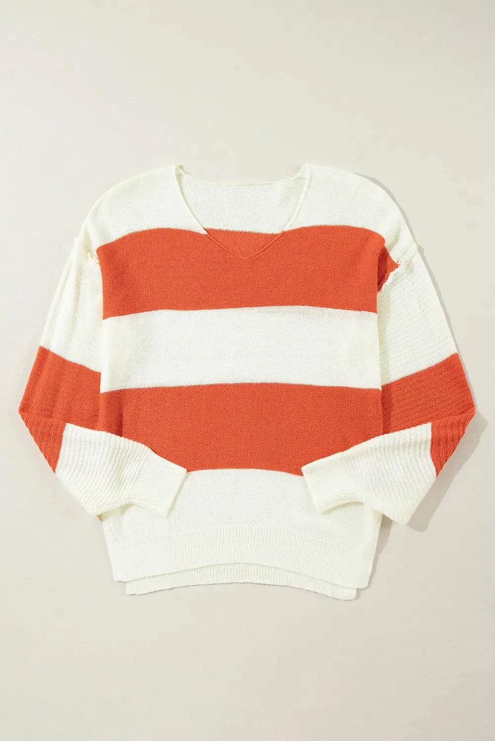 Color Block Dropped Shoulder V-Neck Sweater - Bona Fide Fashion