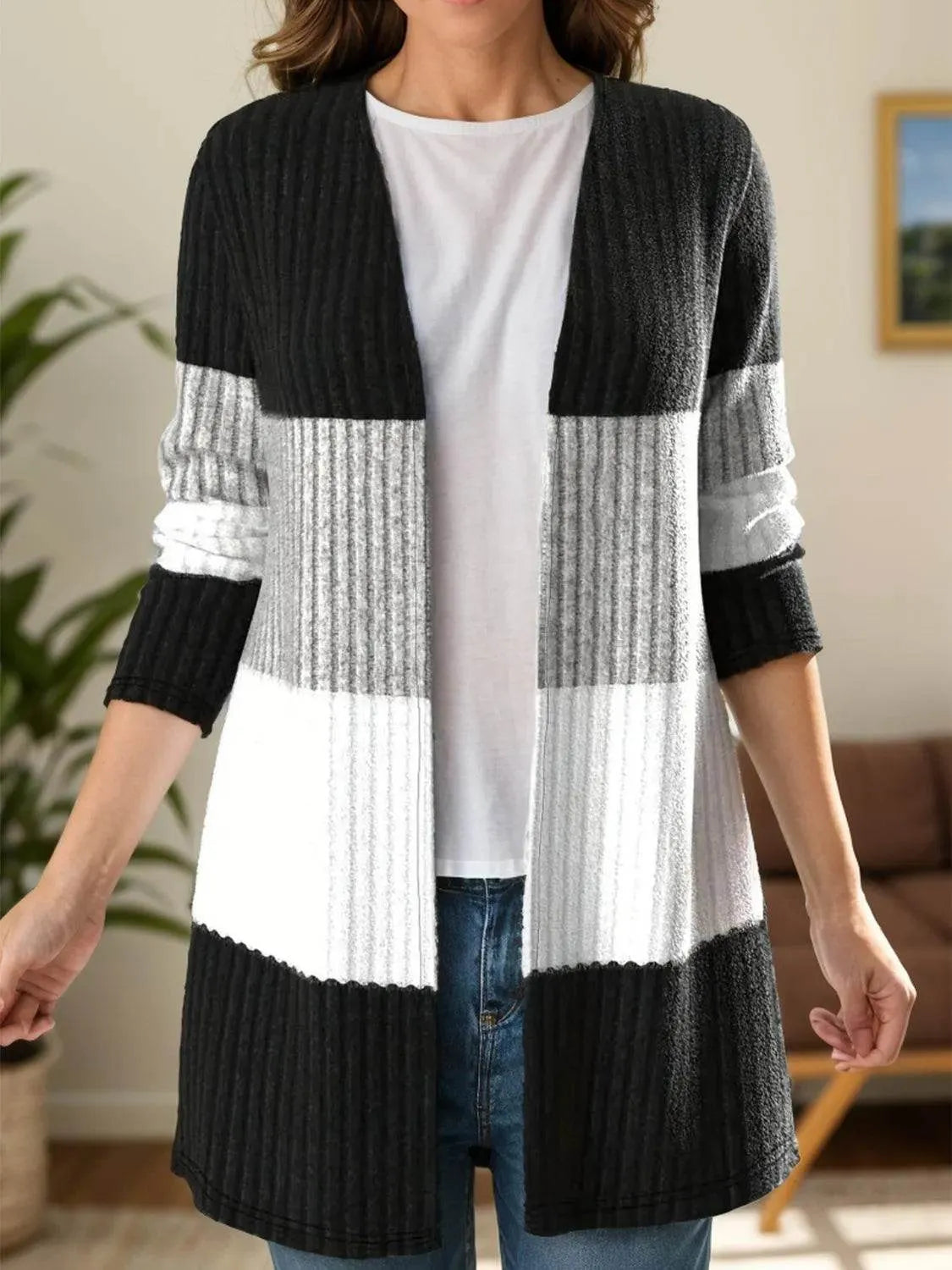 Color Block Open Front Long Sleeve Cardigan - Bona Fide Fashion