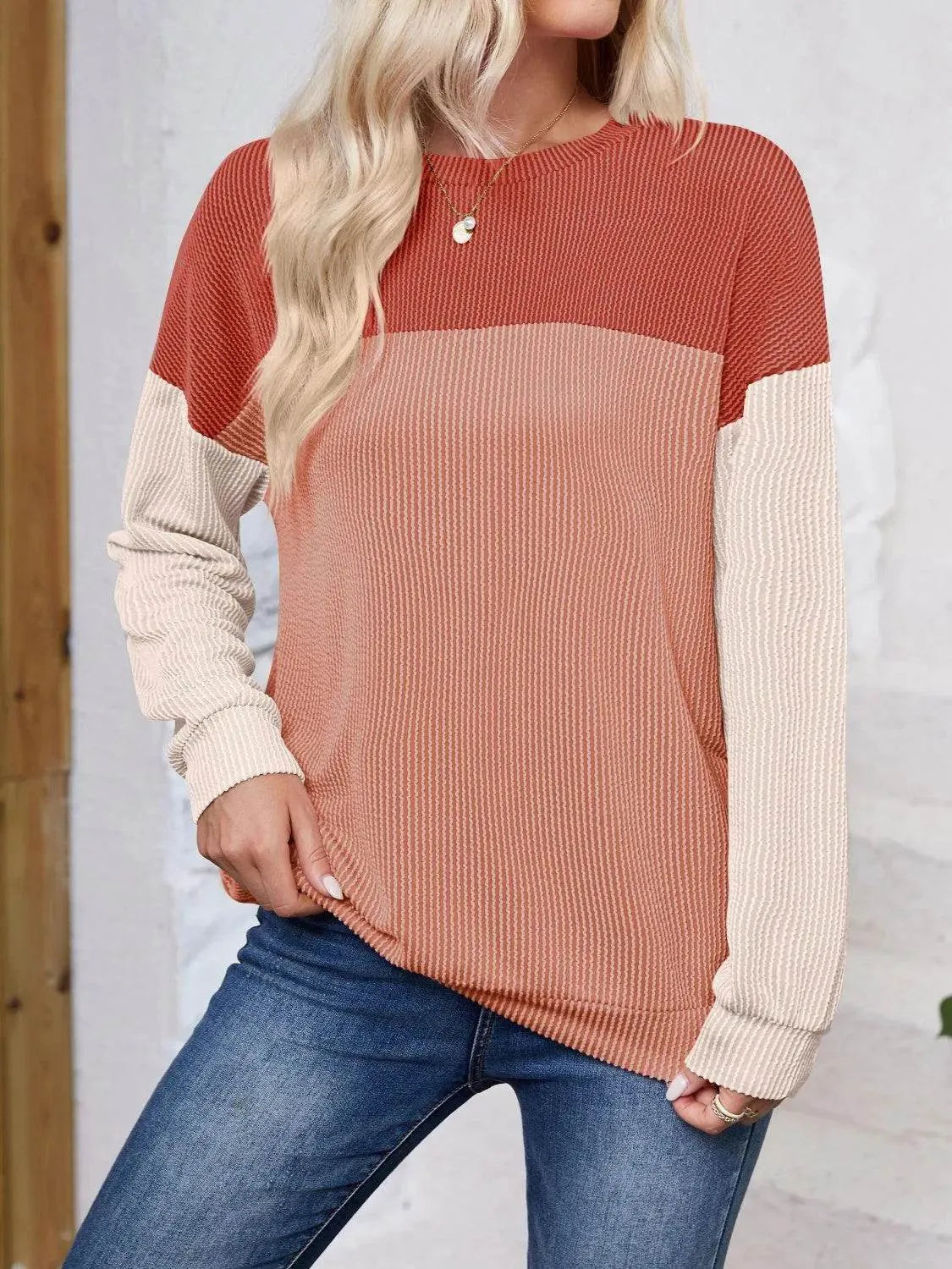 Color Block Round Neck Long Sleeve Sweatshirt - Bona Fide Fashion