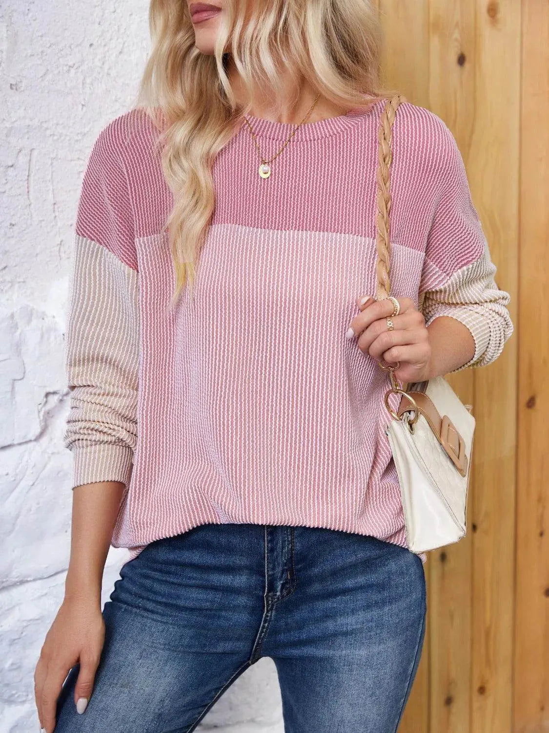 Color Block Round Neck Long Sleeve Sweatshirt - Bona Fide Fashion