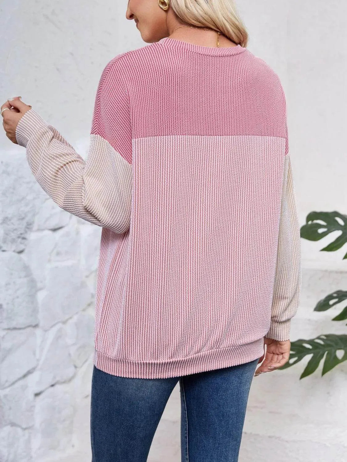 Color Block Round Neck Long Sleeve Sweatshirt - Bona Fide Fashion