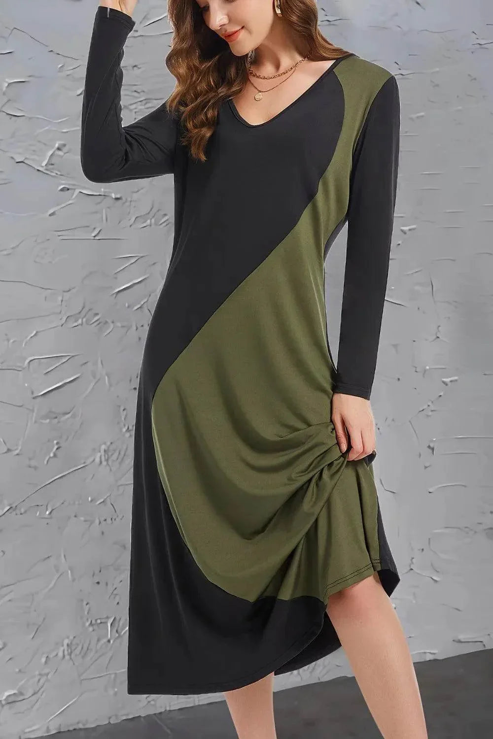 Contrast Long Sleeve Midi Dress - Bona Fide Fashion