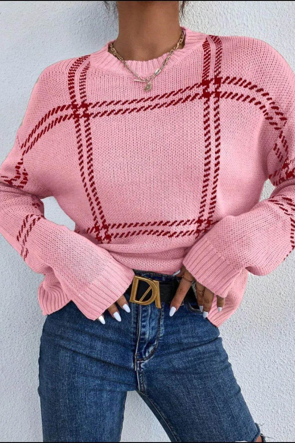 Contrast Round Neck Long Sleeve Sweater - Bona Fide Fashion