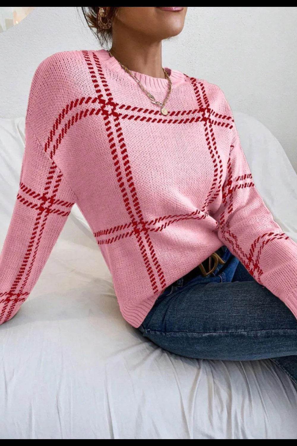 Contrast Round Neck Long Sleeve Sweater - Bona Fide Fashion