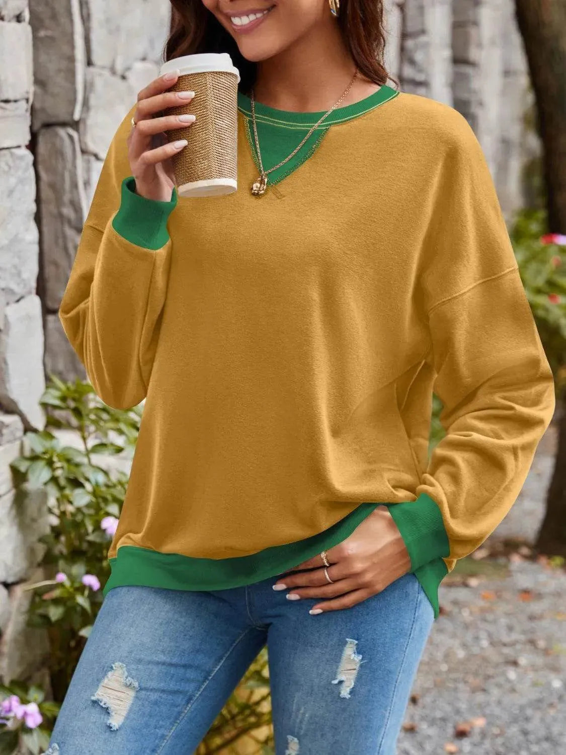 Contrast Round Neck Long Sleeve Sweatshirt - Bona Fide Fashion