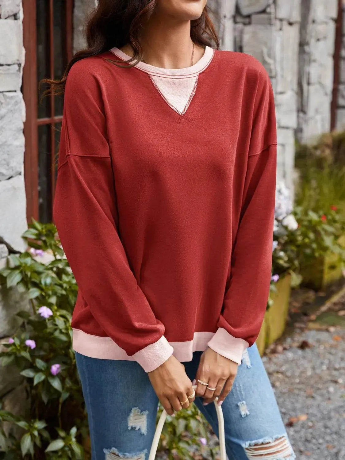 Contrast Round Neck Long Sleeve Sweatshirt - Bona Fide Fashion