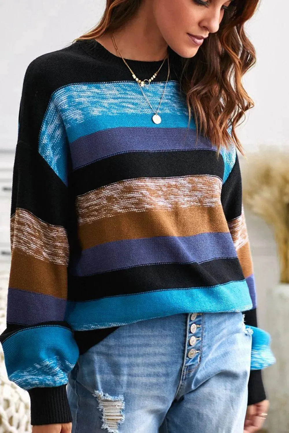 Contrast Striped Round Neck Drop Shoulder Sweater - Bona Fide Fashion