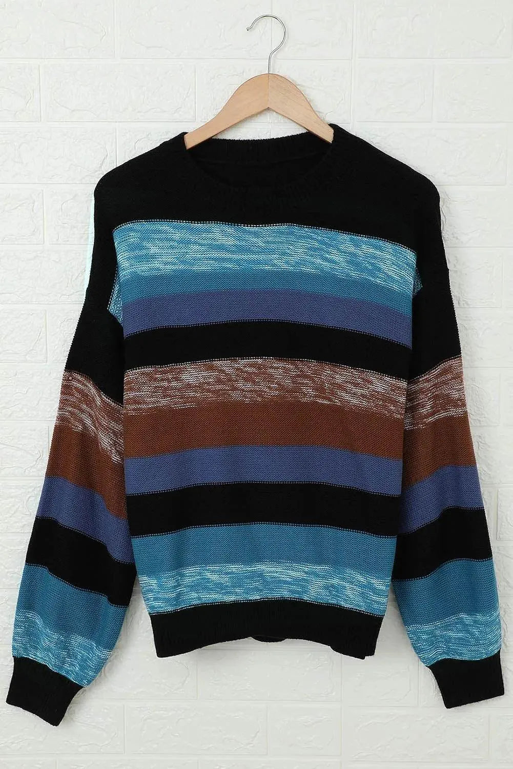 Contrast Striped Round Neck Drop Shoulder Sweater - Bona Fide Fashion