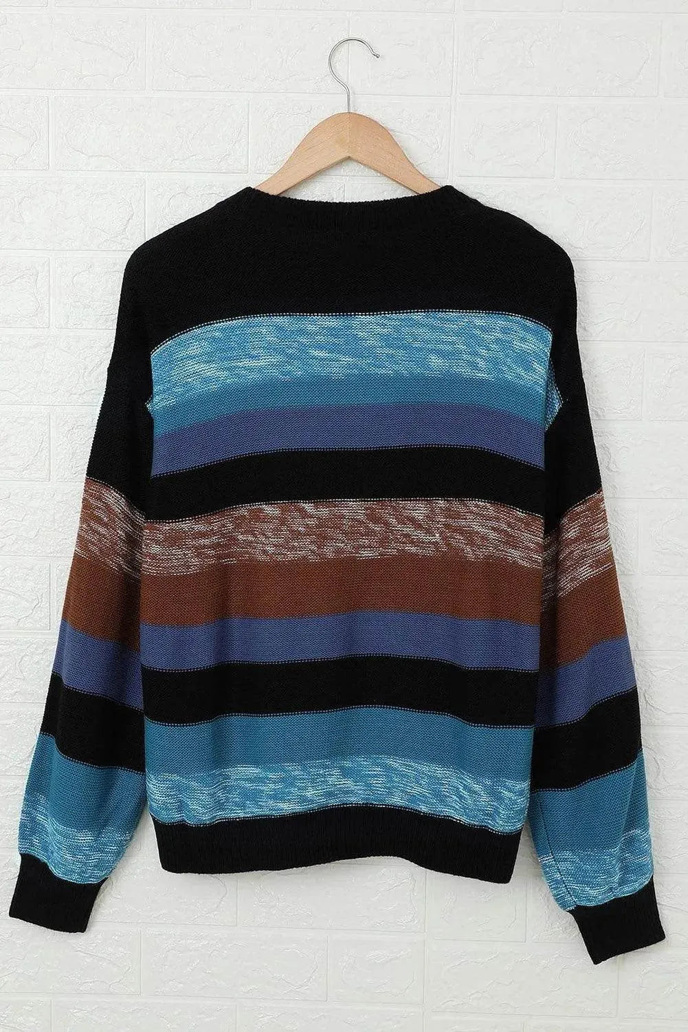 Contrast Striped Round Neck Drop Shoulder Sweater - Bona Fide Fashion