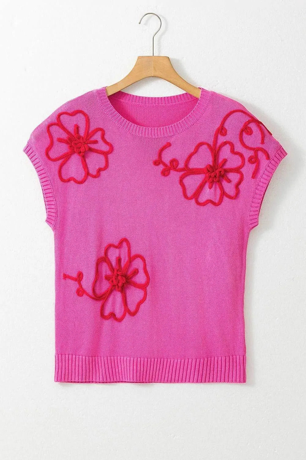 Crochet Flower Round Neck Cap Sleeve Sweater - Bona Fide Fashion