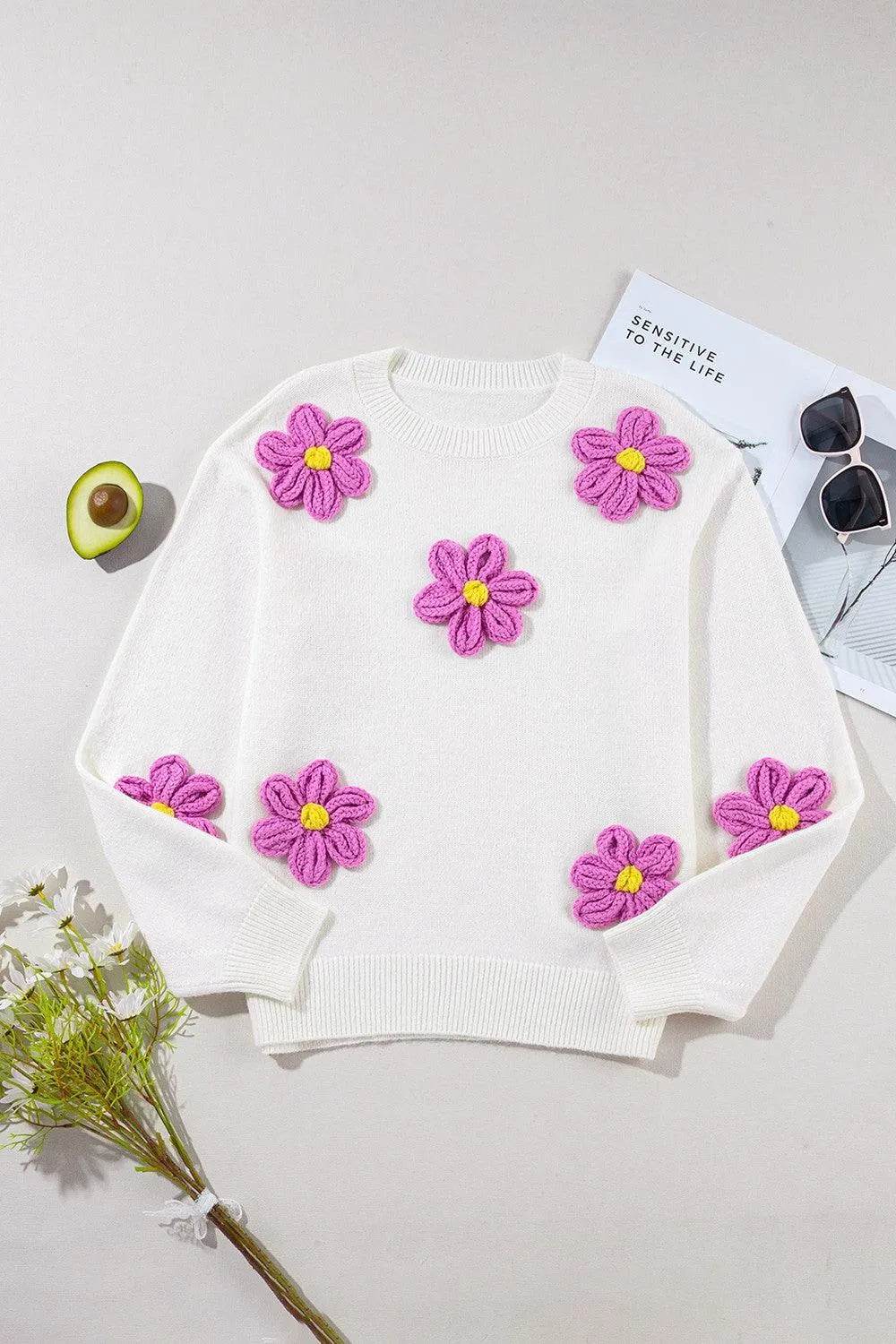 Crochet Flower Round Neck Long Sleeve Sweater - Bona Fide Fashion
