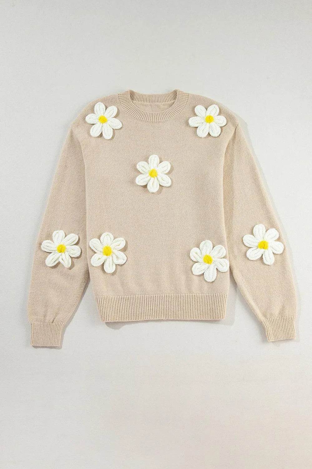 Crochet Flower Round Neck Long Sleeve Sweater - Bona Fide Fashion