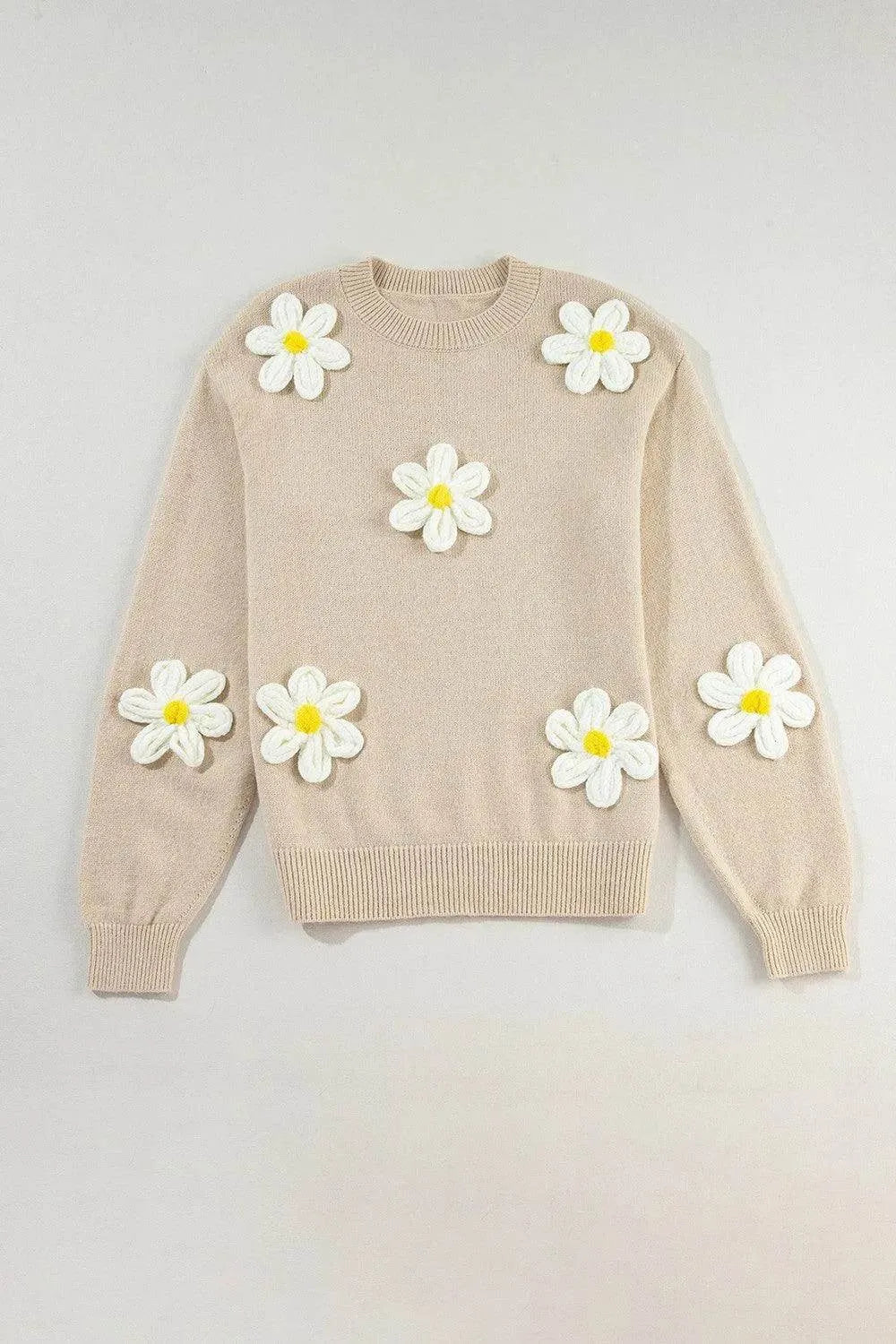 Crochet Flower Round Neck Long Sleeve Sweater - Bona Fide Fashion