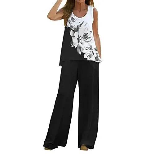 Ctxxun Women's Summer 2 Piece Outfits Casual Dressy Loose Fit Graphic Print Lounge Sets Sleeveless O Neck Tank Top and Flare Pants Set Pockets Fashion Vacation Two Piece Outfits 2023 Trendy Plus Size - Bona Fide Fashion