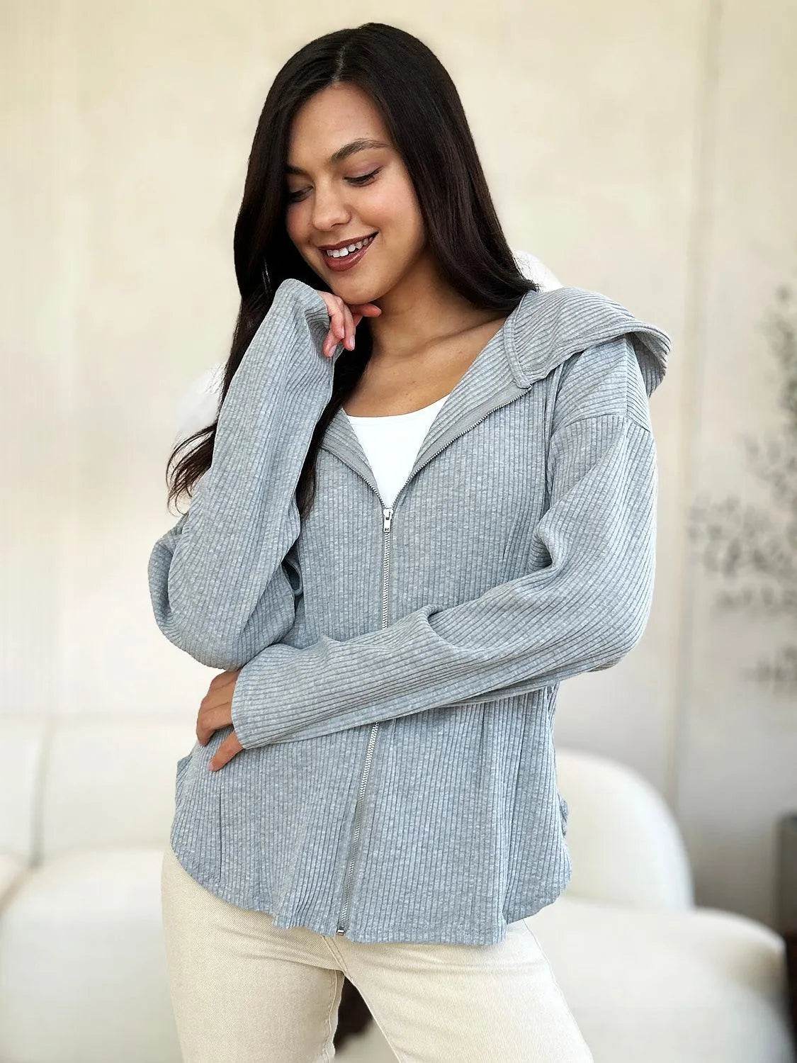 Culture Code Full Size Ribbed Zip Up Drawstring Hooded Jacket - Bona Fide Fashion
