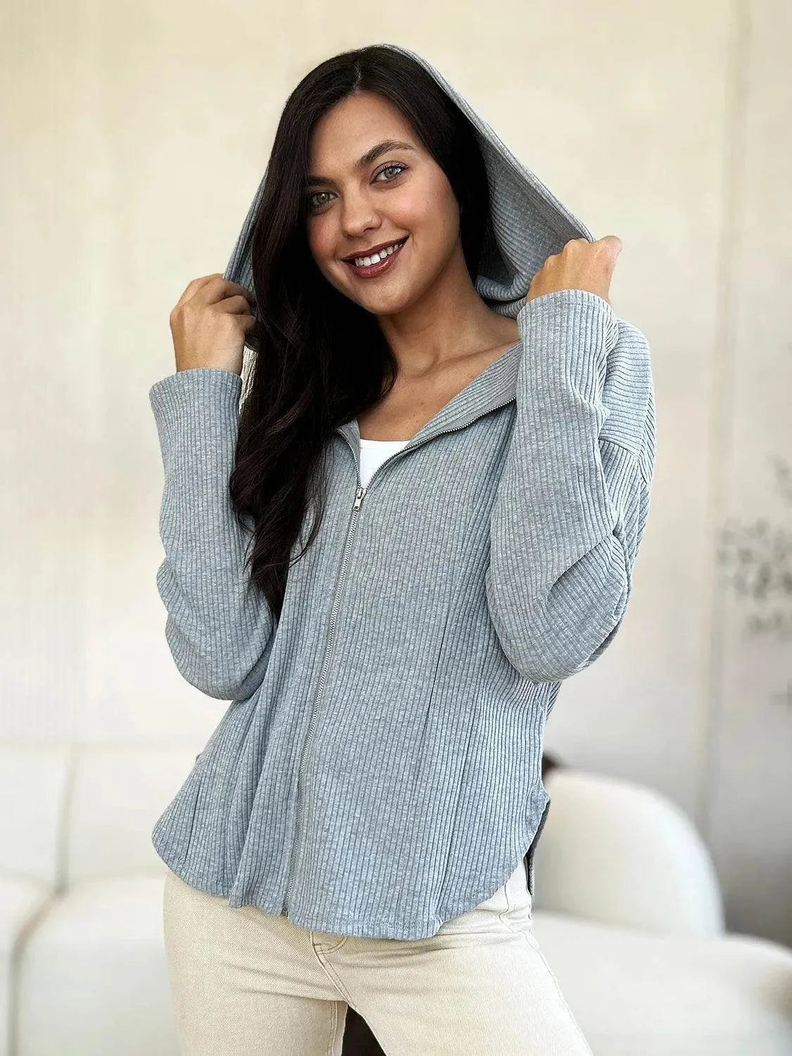 Culture Code Full Size Ribbed Zip Up Drawstring Hooded Jacket - Bona Fide Fashion