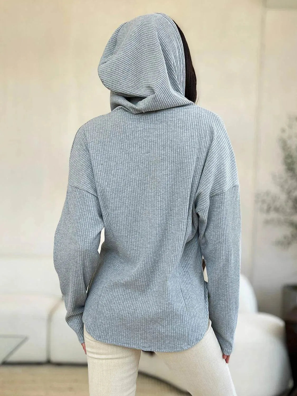 Culture Code Full Size Ribbed Zip Up Drawstring Hooded Jacket - Bona Fide Fashion