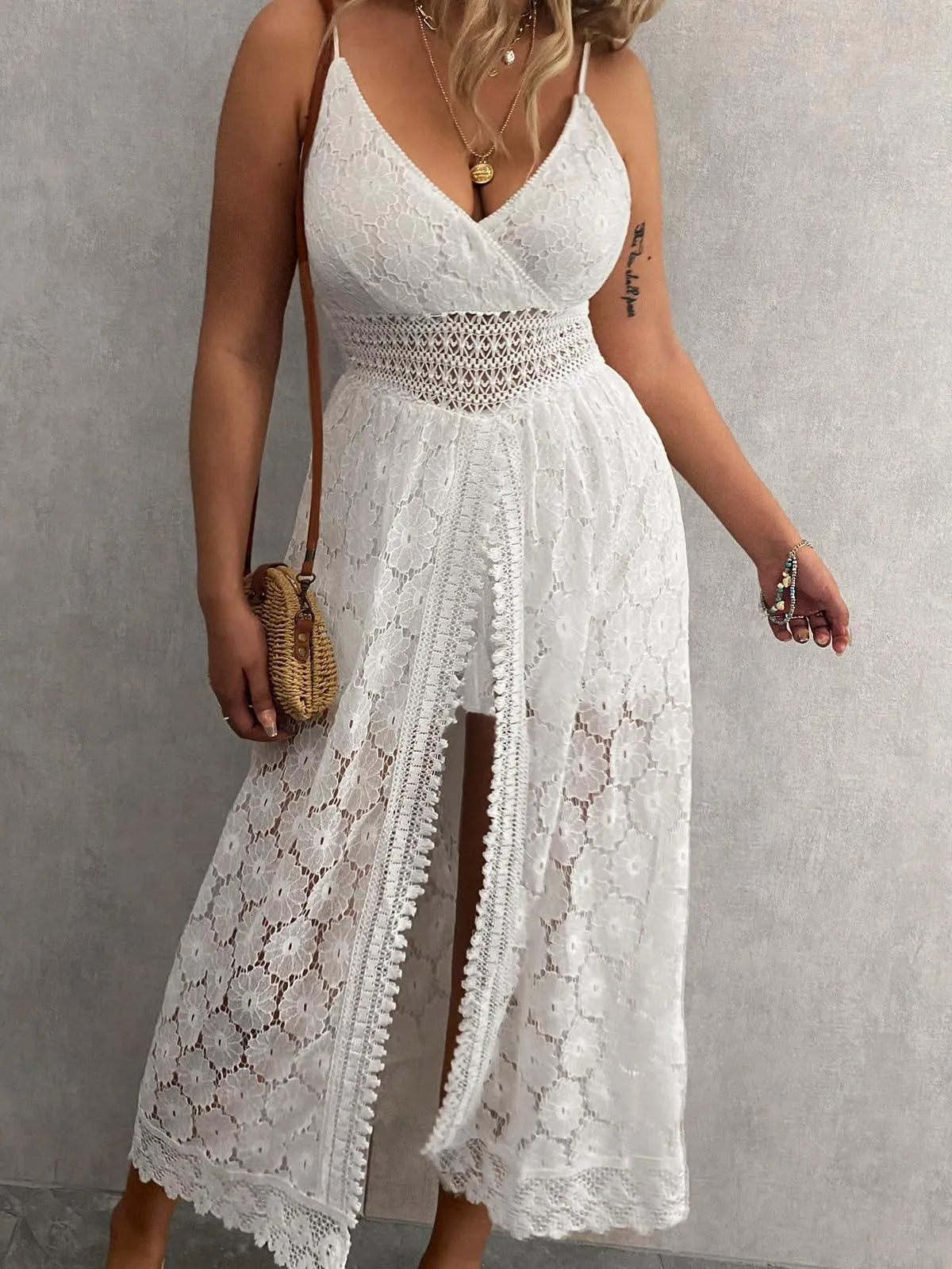 CUPSHE Women's Summer Women Slip Ruching Smocking Jumpsuit Dress V Neck Speghetti Straps Backless Maxi High Low - Bona Fide Fashion