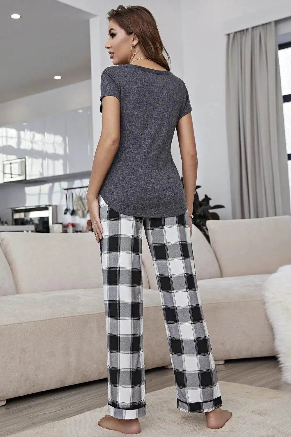 Curved Hem Short Sleeve and Plaid Pants Lounge Set - Bona Fide Fashion