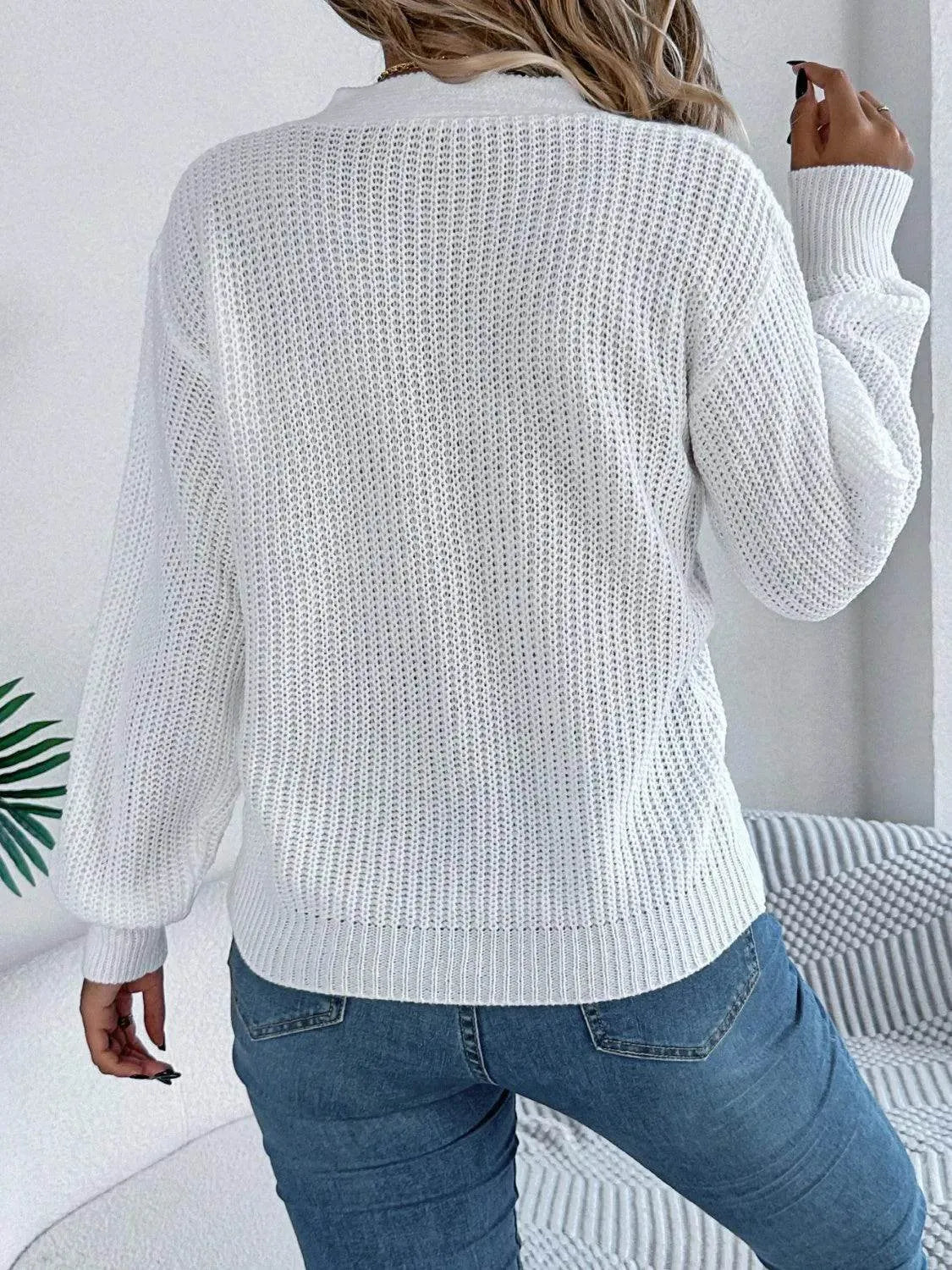 Cutout V-Neck Long Sleeve Sweater - Bona Fide Fashion