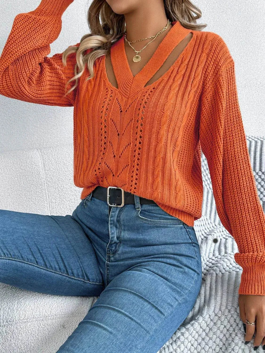 Cutout V-Neck Long Sleeve Sweater - Bona Fide Fashion