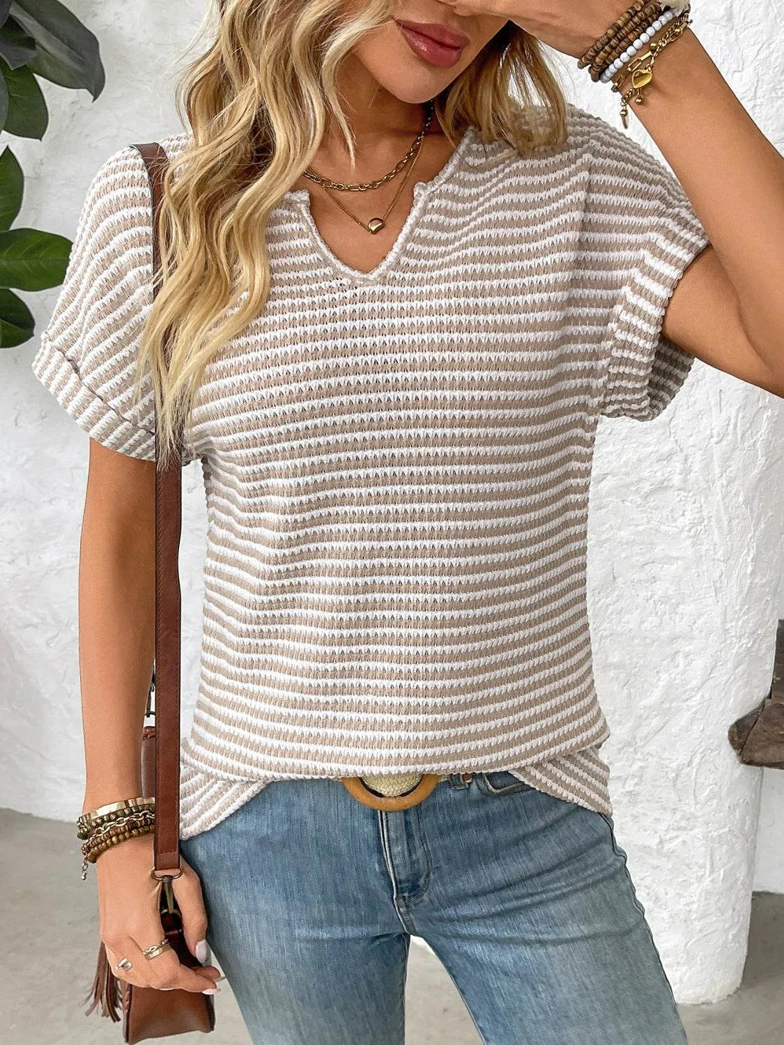 Striped Notched Short Sleeve T-Shirt - Bona Fide Fashion